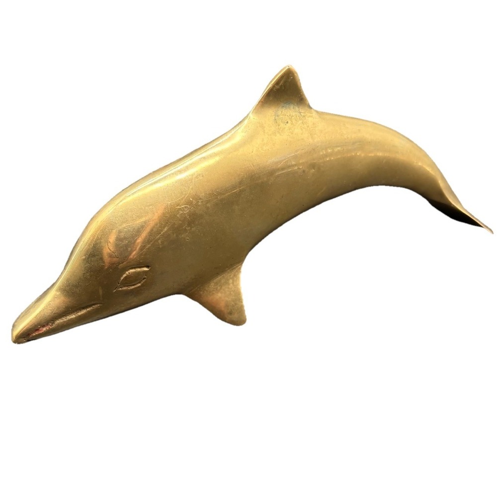 Vintage Solid Brass Dolphin Figurine Paperweight Coastal Nautical Decor 6"